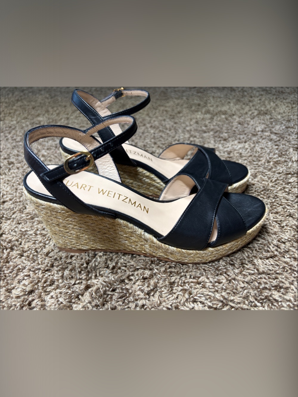 Stuart Weitzman Black Leather Espadrille Wedge Sandals